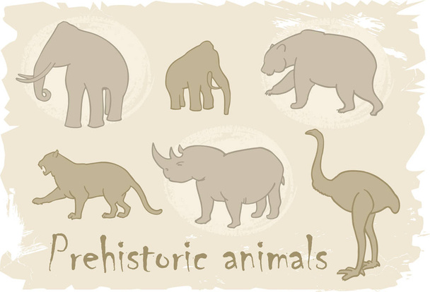 Προϊστορικά ζώα. Διανύσματα αρχαία παγετώνων θηλαστικά εξαφανισμένα ζώα, πώς να εγκαταστήσετε ένα μαμούθ και σπηλιά τίγρης, ρινόκερο, στρουθοκάμηλο και αρχαία αρκούδα - Διάνυσμα, εικόνα