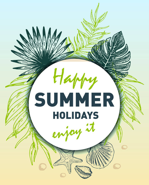Happy summer holidays enjoy it. Summer background. Palms and seashells. Tropical background with starfish and seashells, illustration - Vektor, kép