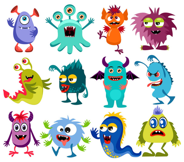 Cute cartoon colorful mosters with different emotions collection, vector illustration - Vettoriali, immagini