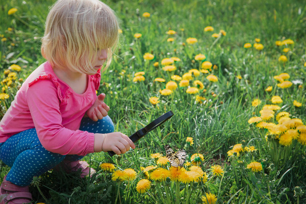 kislány nézi Butterfy, gyerekek tanulás természet - Fotó, kép