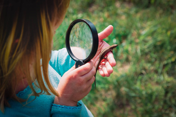kids learning - child exploring lizard with magnifying glass - Fotoğraf, Görsel