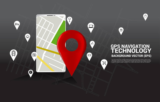 3D značka a mapa GPS v aplikaci pro mobilní telefony. koncepce umístění a místa zařízení, technologie GPS - Vektor, obrázek