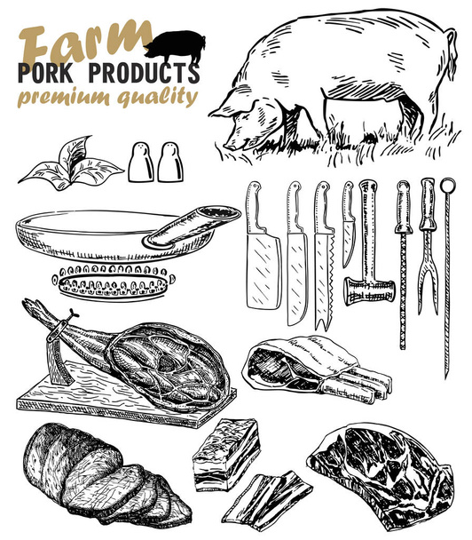 Διάνυσμα χειρός εικόνα με προϊόντα κρέατος. Χοιρινό κρέας. Εργαλεία κουζίνας. Σκίτσο. Vintage στυλ. - Διάνυσμα, εικόνα