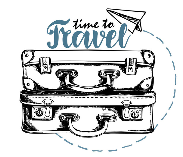 Hand drawn textured vintage label, retro badge with suitcases vector illustration and "Time to travel" lettering. Vintage suitcases sketch - Vektor, kép