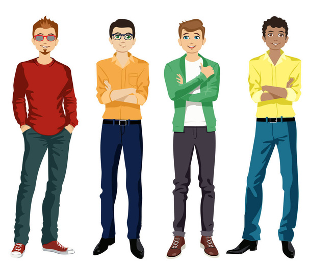 Handsome men dressed in modern male style, vector illustration. Set. Young handsome casually dressed hipster geek guy in jeans. vector illustration. - Vector, Image