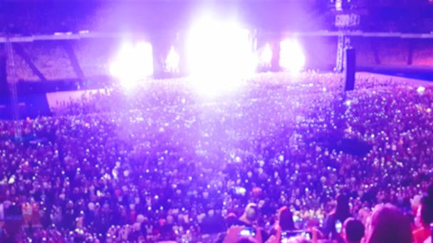 Imagen fuera de foco de una gran multitud de fans sentados en asientos del estadio viendo y escuchando conciertos de rock por la noche
. - Foto, Imagen