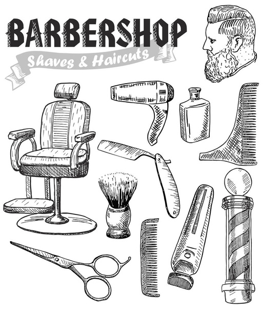 Barber Shop Vector Set.Collection of hand drawn barbershop tools and accessories with model man. Sketch vintage illustration of shaving and hairdresser equipments. - Vector, Image