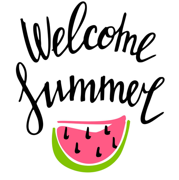Hello Summer vector illustration, background. Hand lettering inspirational typography poster, banner. Hello Summer inscription with watermelon. Trend calligraphy - Vector, imagen