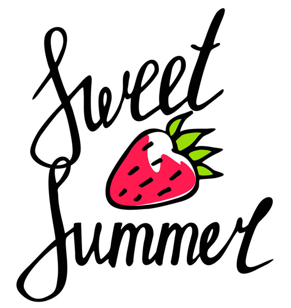 Sweet summer typography and illustration vector. Sweet summer inscription with strawberries.  - Vektör, Görsel