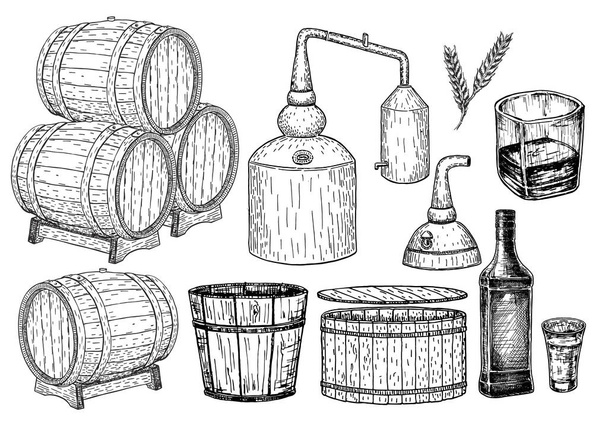 Distilleerderij. Vector hand getekende whiskyproductie-elementen. Whiskyproductie proces. Houten vat met whisky. Schets - Vector, afbeelding