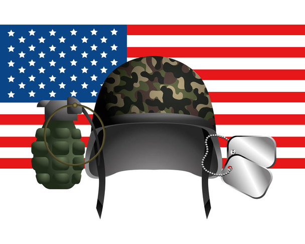 united state flag with military helmet - Vector, Image