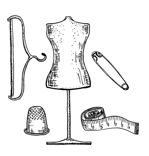 Швейна установка в ретро вінтажному стилі. Манекен, сантиметр стрічки, вішалка, наперсток
 - Вектор, зображення