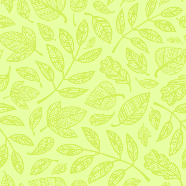 Green ornamental leaves seamless pattern. Vector illustration. - Vector, Imagen