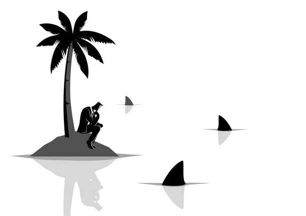 Geschäftsmann bleibt auf Insel mit Hai-Wasser stecken - Vektor, Bild