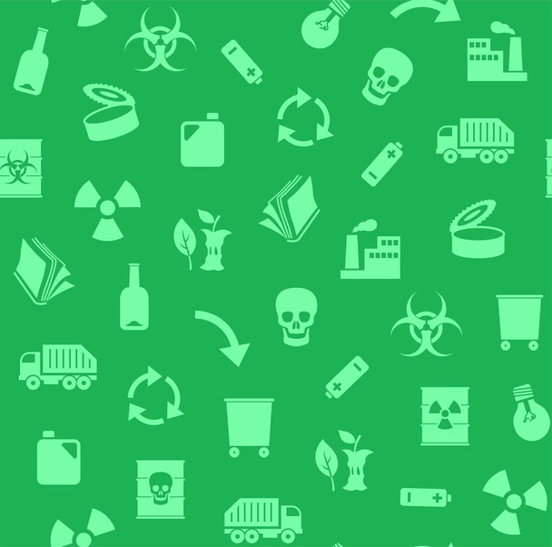 Waste, recycling, seamless pattern, color, dark green, vector. Garbage collection, different types of waste. Vector, seamless background. Green, flat icons on a dark green background.  - Vecteur, image