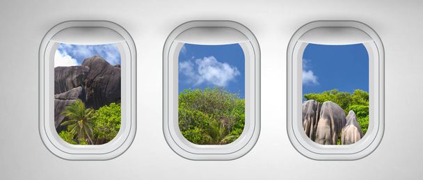Seychelles rocks as seen through three aircraft windows. Holiday - Photo, Image