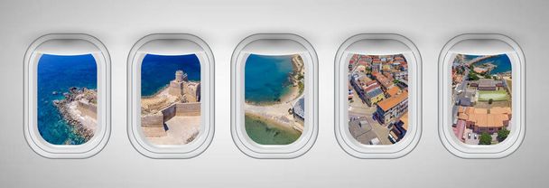 Öt repülőgép-ablakon keresztül látható aragóniai erőd. Ünne - Fotó, kép