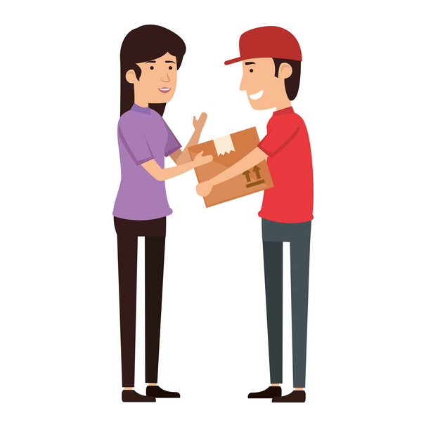 delivery worker lifting box and receiving woman - Vector, Image