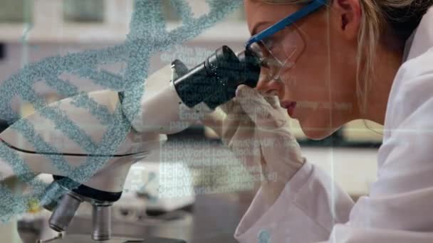 Digital composite of a female Caucasian scientist looking in to a microscope and a DNA helix with interface codes in the foreground - Materiaali, video