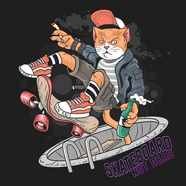 Gato com Skate em fundo escuro. ilustração vetorial
 - Vetor, Imagem