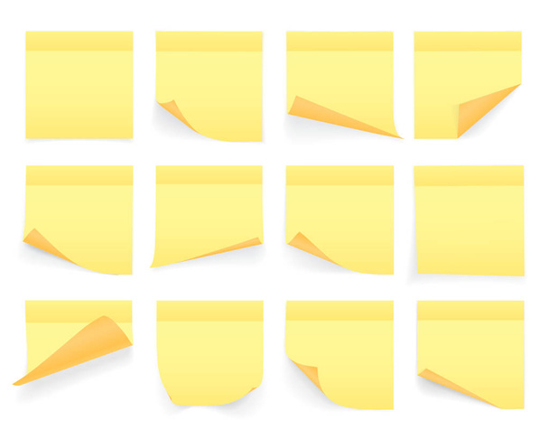 Collection of yellow colored sheets of note papers with curled corner and shadow, ready for your message. Realistic. Isolated on white background. Set. Vector illustration - Vector, Image