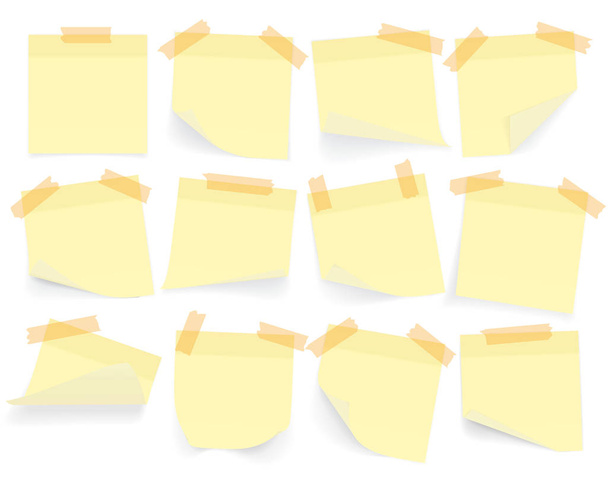 Collection of yellow colored sheets of note papers with curled corner and shadow, ready for your message. Realistic. Isolated on white background. Set. Vector illustration - Vector, Image