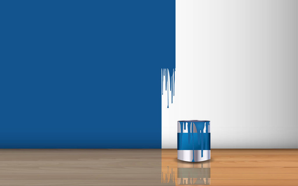  Niebieska farba na ścianie i wiadro z farbą na drewnianej podłodze - Wektor, obraz