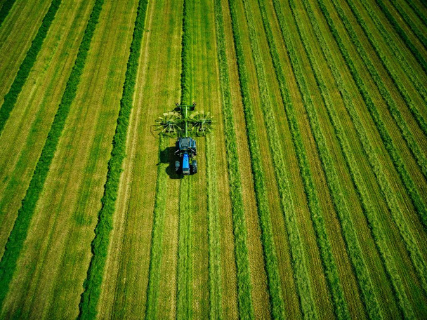 Aerial view of Tractor mowing green field in Finland. - Photo, Image