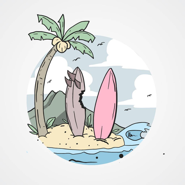 Καλοκαιρινή παραλία με ιστιοσανίδες. Απεικόνιση διανυσματικών φορέων - Διάνυσμα, εικόνα
