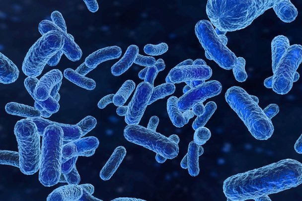 Infectieuze virus met oppervlakte Details op blauwe achtergrond, 3D-rendering. - Foto, afbeelding