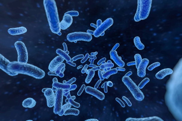 Virus infeccioso con detalles de la superficie sobre fondo azul, representación 3d
. - Foto, imagen