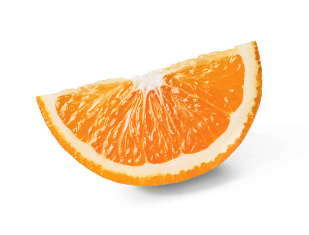 Juicy slice of fresh orange with peel on a white isolated background. Top side view. Close-up. Texture. - Foto, imagen