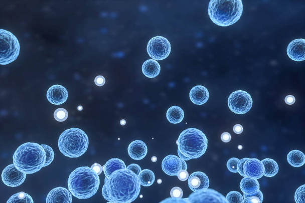 Vírus infeccioso com detalhes de superfície no fundo azul, renderização 3d
. - Foto, Imagem