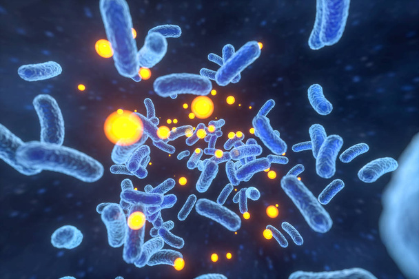 Infectieuze virus met oppervlakte Details op blauwe achtergrond, 3D-rendering. - Foto, afbeelding