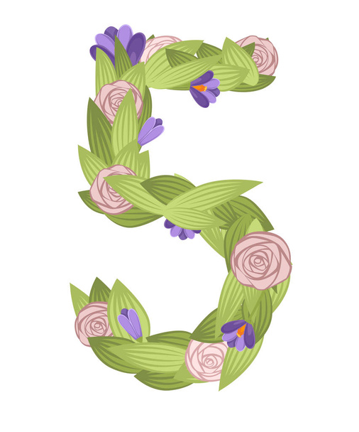 Number five. Cartoon flower font design. Number 5 with flowers and leaves. Flat vector illustration isolated on white background - Вектор,изображение