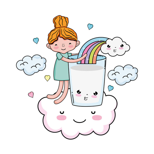 маленькая девочка с молоком и радугой Кавайи характер
 - Вектор,изображение