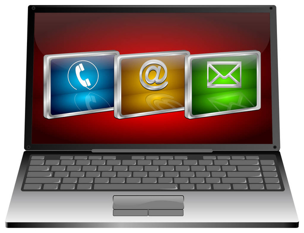 Laptop con tre contatti pulsanti sul desktop rosso - Illustrazione 3D
 - Foto, immagini