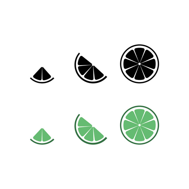 Lime logo. Geïsoleerde kalk op witte achtergrond. EPS 10. Vector illustratie. Zwarte limoen silhouet en groene platte kalk set van schijfjes kalk. Kwart halve en gatcirkel - Vector, afbeelding