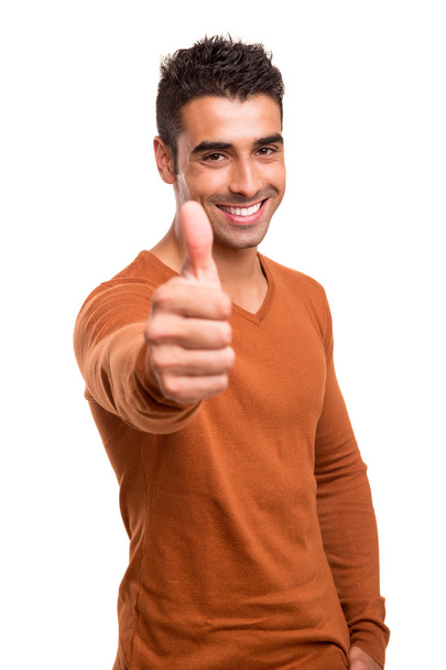 usměvavý chlap ukazuje palec - Fotografie, Obrázek