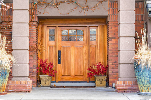 Καφέ ξύλινη μπροστινή πόρτα με διακοσμητικά γυάλινα πάνελ στην είσοδο ενός σπιτιού - Φωτογραφία, εικόνα