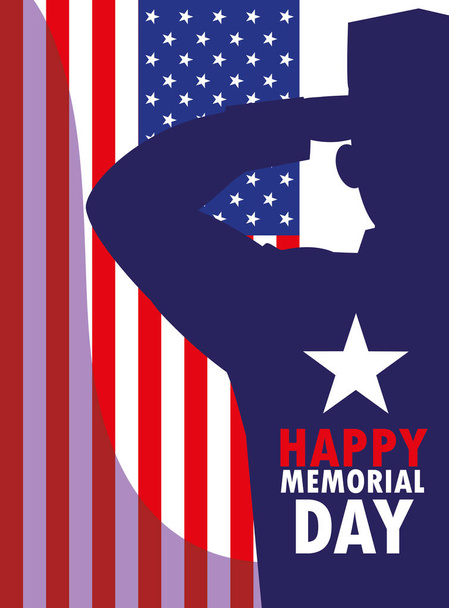 happy memorial day card with flag usa and silhouette of military - Vector, Image