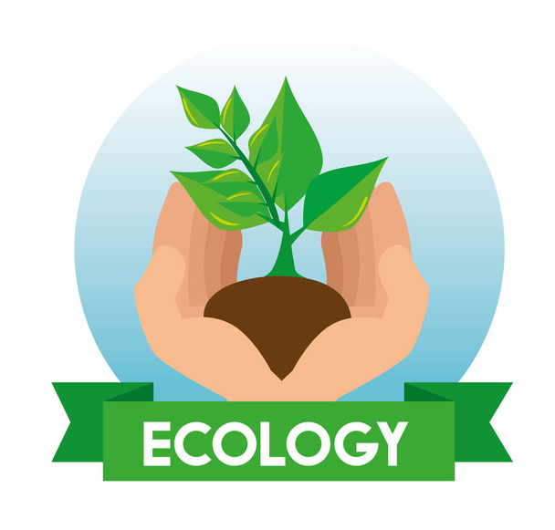 ecology plant with leaves and ground in the hands - Vector, Imagen