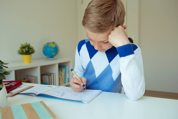 Intelligent boy makes homework in his room - Foto, imagen