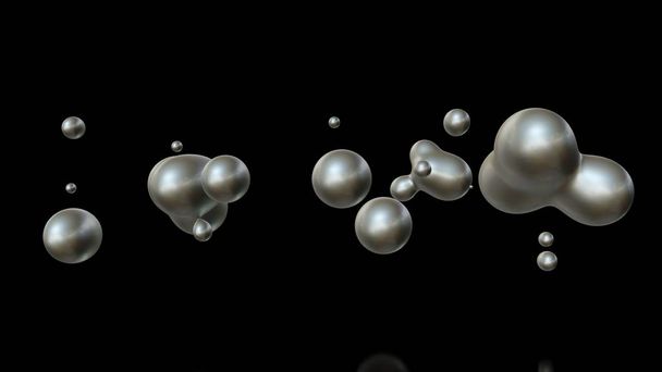 Illustration 3D d'une pluralité de gouttes de mercure en gravité nulle, en fusion spatiale et en désintégration. L'idée d'unité, d'harmonie et de désordre. rendu ZD, arrière-plan futuriste
. - Photo, image