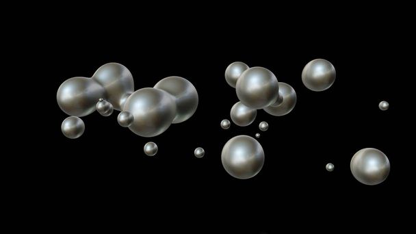 Illustration 3D d'une pluralité de gouttes de mercure en gravité nulle, en fusion spatiale et en désintégration. L'idée d'unité, d'harmonie et de désordre. rendu ZD, arrière-plan futuriste
. - Photo, image