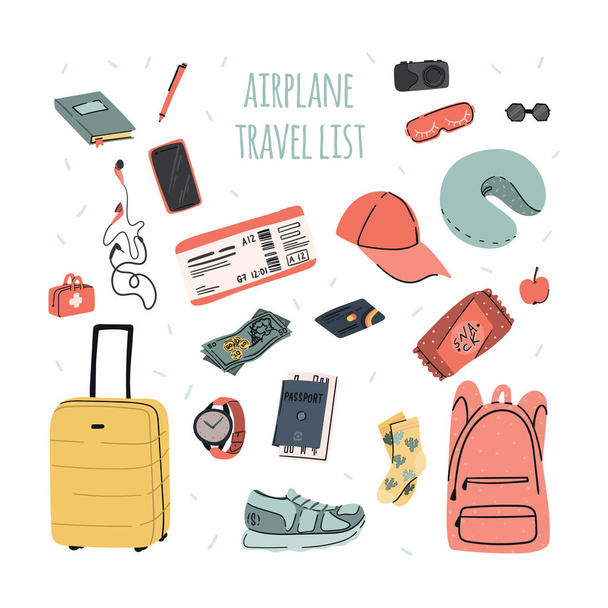 Airplane trip essentials. Traveling check list for carry-on bag for flight with passport and ticket, smartphone and earphones, notebook and credit card etc. - Vettoriali, immagini