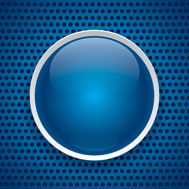 Vector texture, blue surface in round holes and blue glossy button - Vetor, Imagem