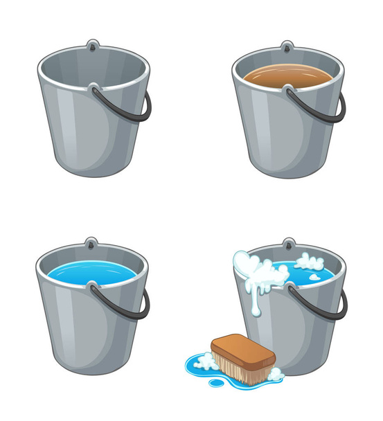 Set of metal buckets with water on white. Full and empty buckets for cleaning - Vector, Image