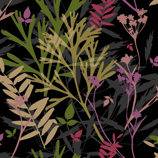 Vorlage. Herbarium mit Wildblumen, Zweigen, Blättern. botanischer Hintergrund auf schwarz. heller Kontrast. - Foto, Bild