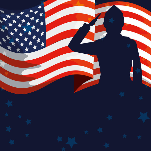 στρατιωτική σιλουέτα άνθρωπος με σημαία των ΗΠΑ - Διάνυσμα, εικόνα